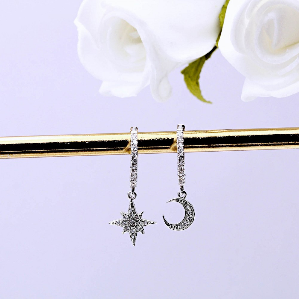 Sterling Silver and Cubic Zirconia Moon and Star Hoop Earrings